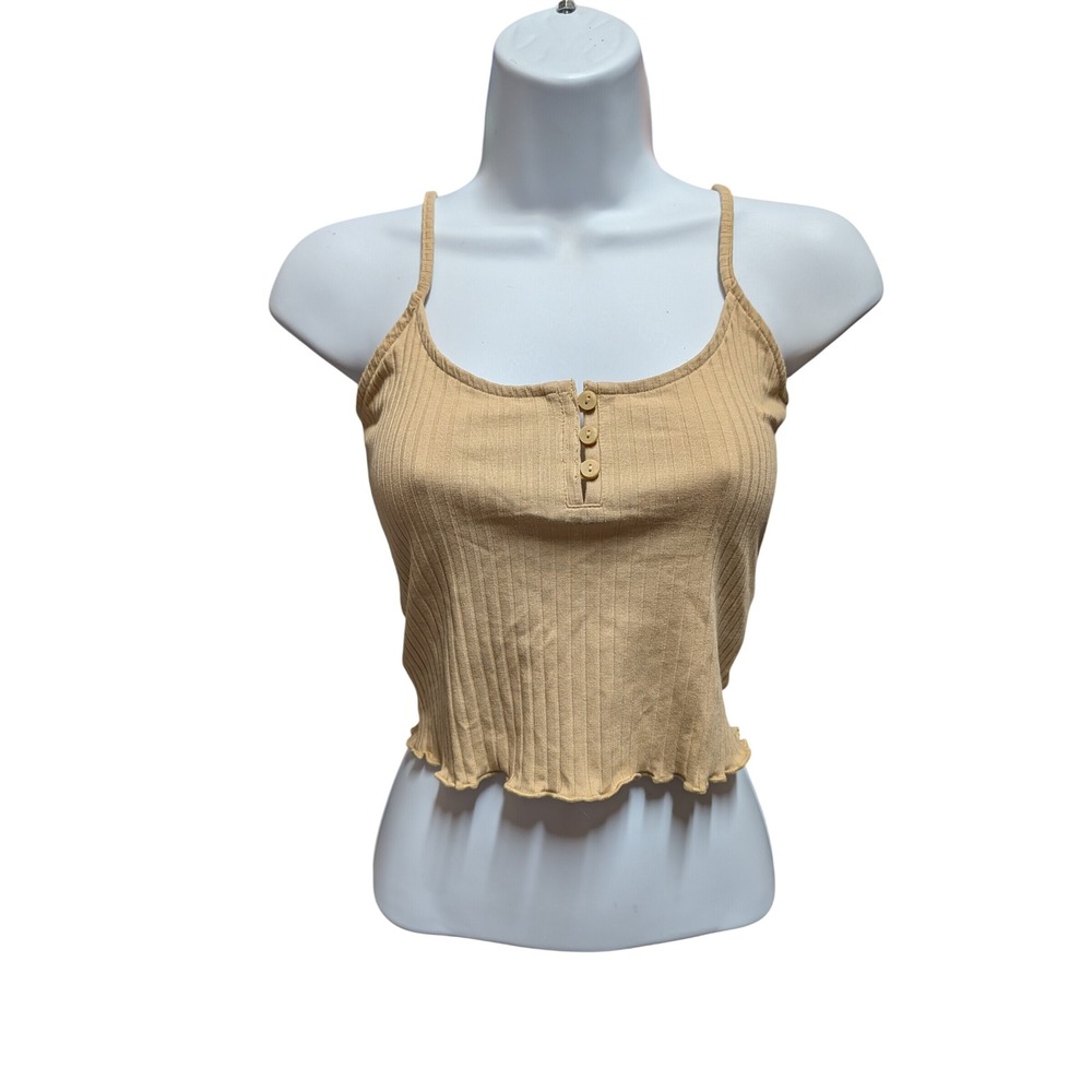 Amerian Eagle Henley Cami Women Small Tan Ribbed Lettuce Hem Cropped Tank